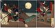 This triptych illustrates an episode from the life of the popular hero Yoshitsune (1159-89), who was also known as Ushiwaka-maru (young ox).<br/><br/>

On one of his nightly outings from the temple, 12-year-old Yoshitsune encountered Benkei on the Gojo Bridge in Kyoto. Benkei, a wild giant of a man, had been told by a sword-smith that he could forge a magic sword from the tips and cutting edges of a thousand blades. He obtained the swords by attacking samurai warriors crossing the Gojo Bridge.<br/><br/>

One night he saw the young Ushiwaka approaching; he was carrying what would be his one-thousandth sword. Benkei attacked him without delay, but the youth was too quick for him and managed to defeat him. Benkei was so impressed that he promised to serve and follow Ushiwaka.